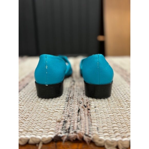 Cabin Creek Turquoise Open-Toe Sandals 7.5M Faux Leather Cushioned Low Wedge Sli - Picture 2 of 7